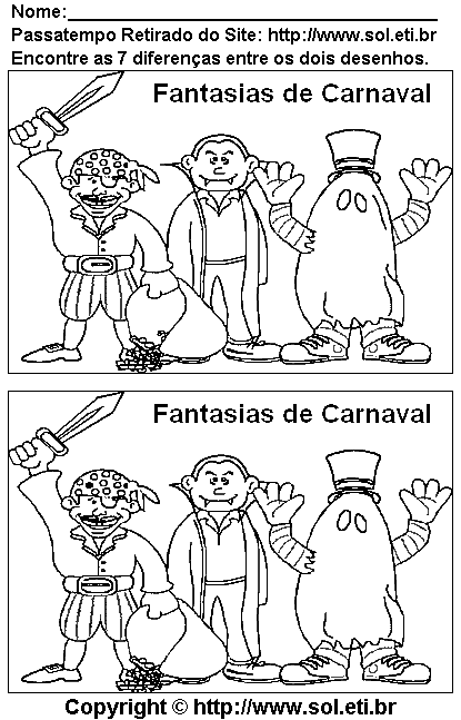 Jogo dos Sete Erros Para Imprimir: Palhacinho, Pierro de Carnaval.