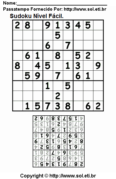 Sudoku Para Imprimir Com Respostas. Jogo Nº 1.