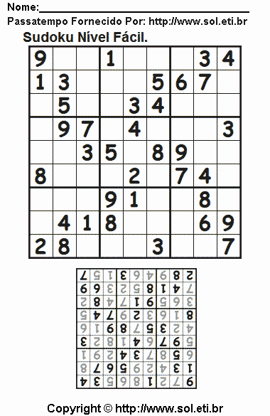 Passatempo Sudoku 9 x 9 Com Respostas Para Imprimir. Jogo Nº 28.