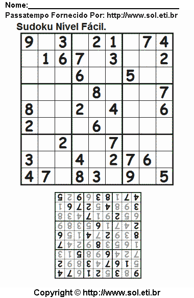 Jogo Sudoku Para Imprimir Com Respostas. Jogo Nº 451.
