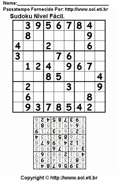 Jogo Sudoku 9 x 9 Para Imprimir Com Respostas. Jogo Nº 252.