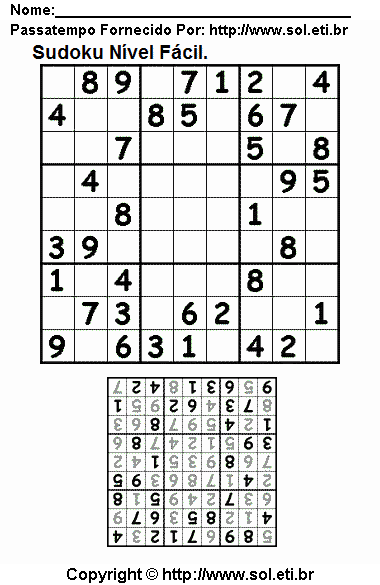 Jogo Sudoku 9 x 9 Fácil Com Respostas Para Imprimir. Jogo Nº 60.