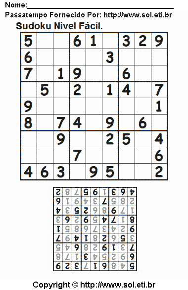 Sudoku 9 x 9 Fácil Com Resposta Para Imprimir. Jogo Nº 413.