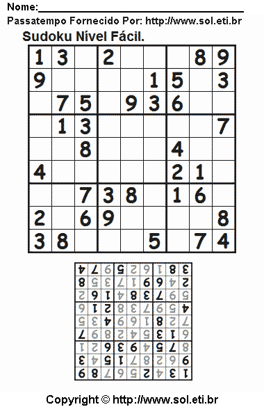 Sudoku Para Imprimir em Uma Grade 9 x 9 Com Respostas. Jogo Nº 190.