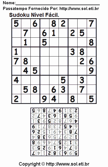 Jogo Sudoku Fácil Com Respostas Para Imprimir. Jogo Nº 58.